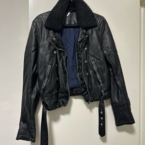 Free People Black Leather Jacket with Shearling Collar